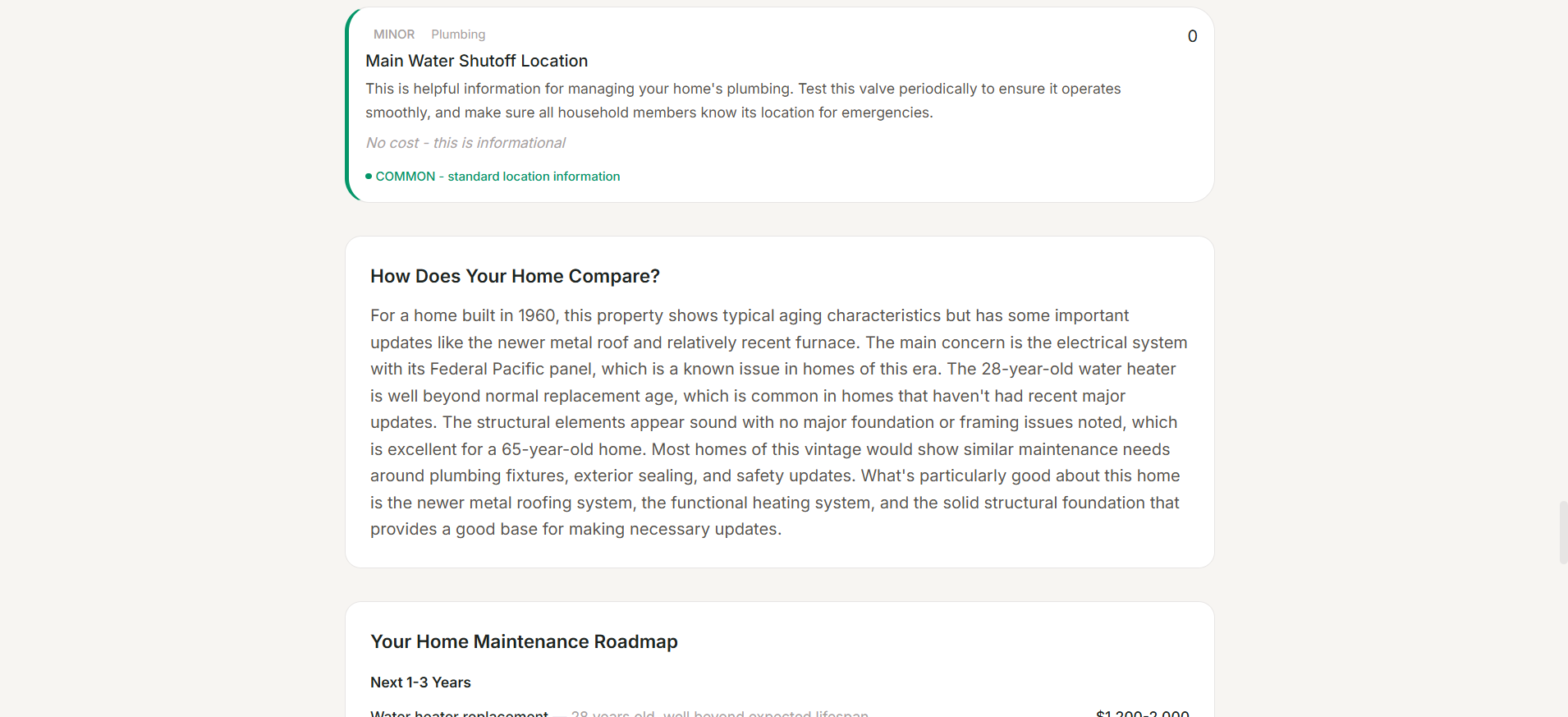 Home comparison and maintenance roadmap