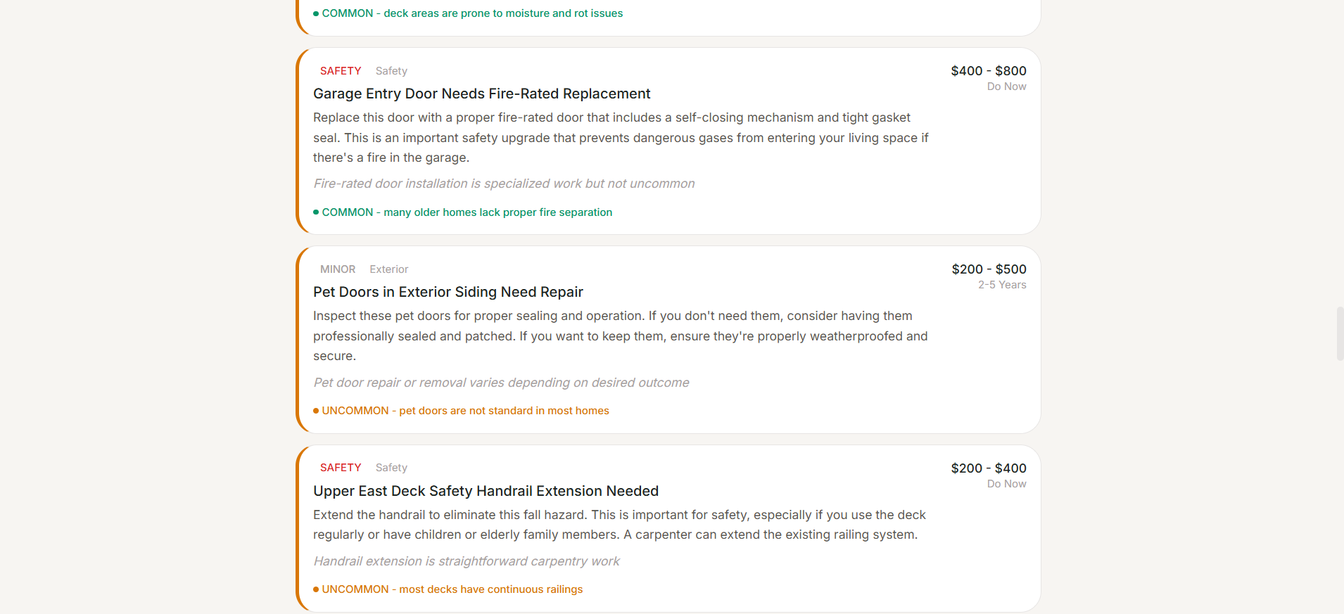 Prioritized findings with cost estimates